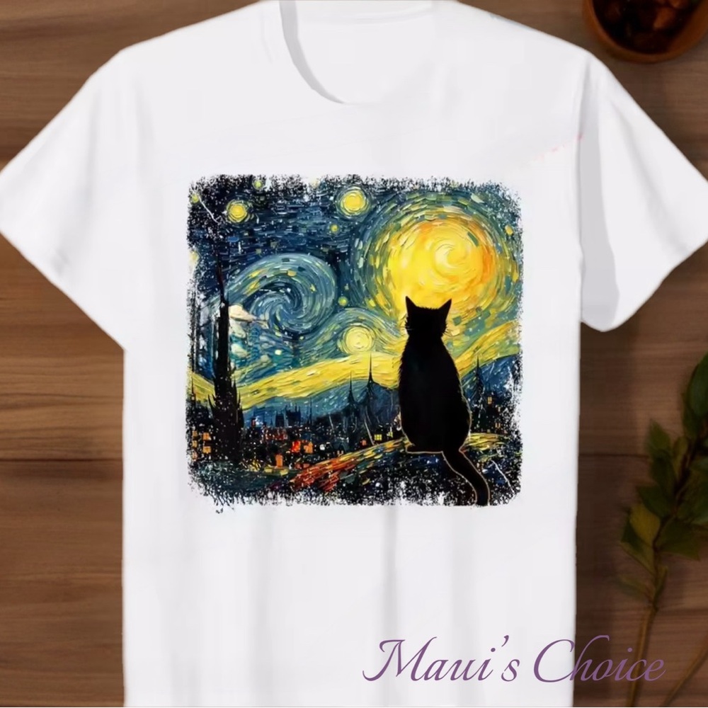 Starry Night Cat Tee - White